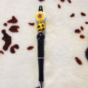 Black Sunflower Custom Made Rhinestone Wood Beaded Ink Pen